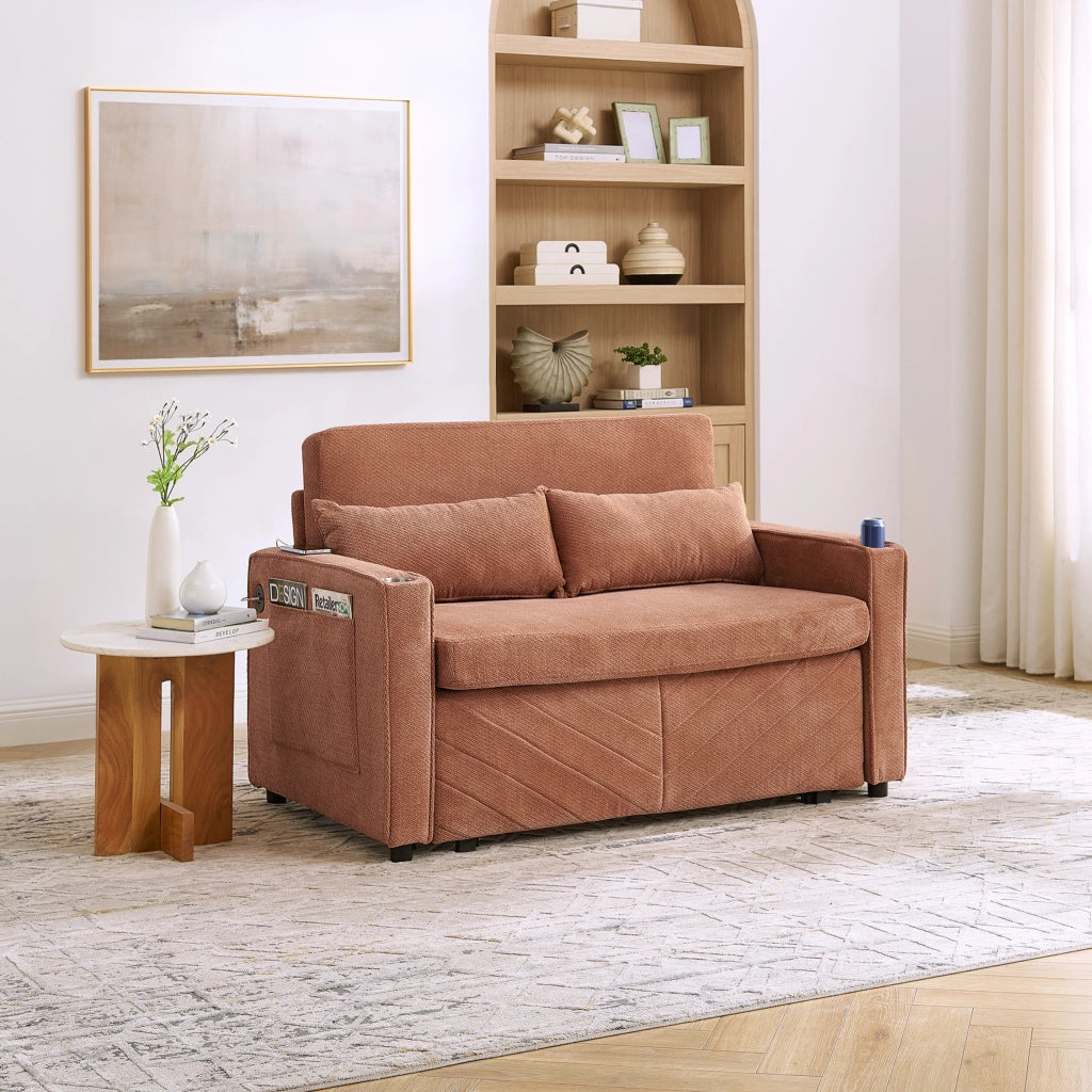 Divano letto 3 in 1 con sistema scorrevole e porte USB per soggiorno ufficio e ospiti in legno e tessuto arancione