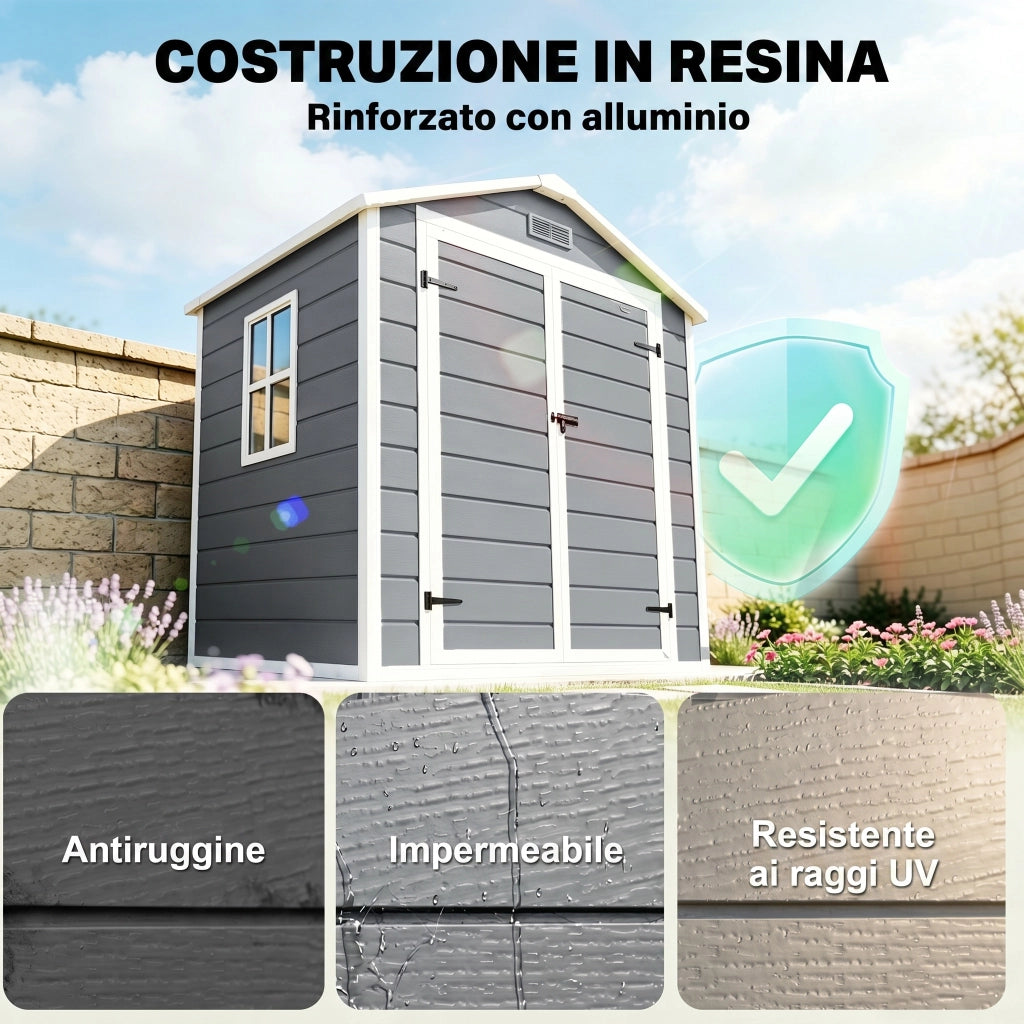 Casetta da Giardino con Finestra e Doppia Porta PP e Alluminio. 183x134x210 cm. Grigio