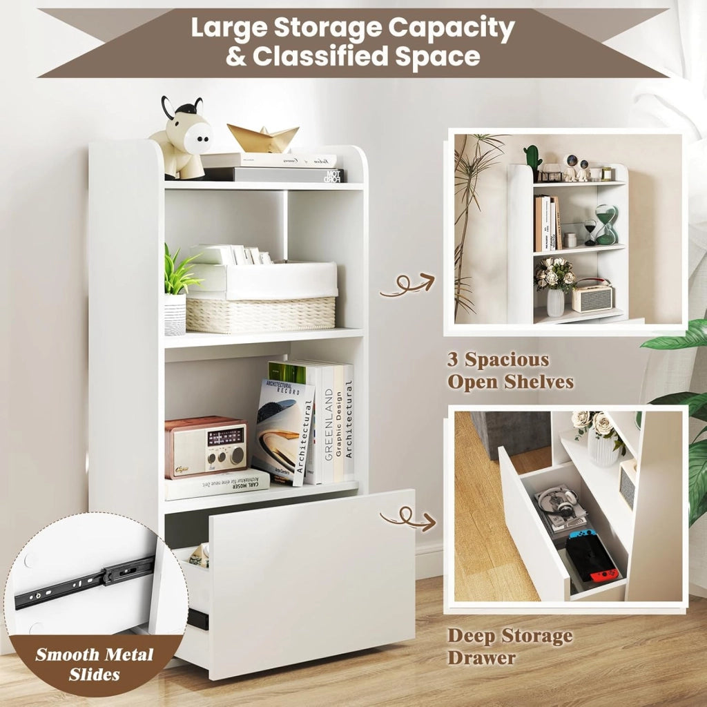 Libreria a 3 Ripiani con Cassetto, Scaffale in Legno Aperto, Armadietto da Terra per Documenti, Portaoggetti con Anti-Ribaltamento per Soggiorno, Ufficio, Cucina, 55 x 29 x 105 cm (Bianco)
