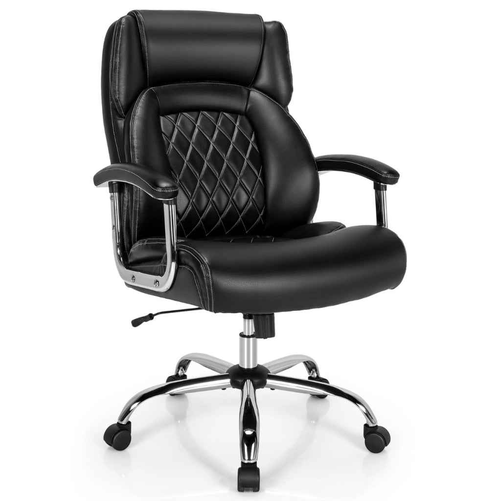 Sedia ufficio in pelle regolabile in altezza con braccioli imbottiti, Sedia da lavoro girevole con base in metallo Nero-Sedie da ufficio