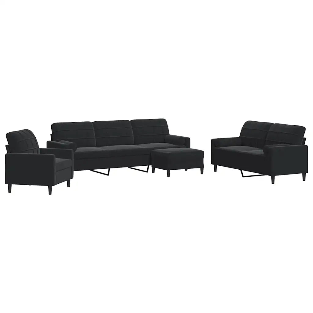 Set di Divani 4 pz con Cuscini e Rinforzi Nero in Velluto