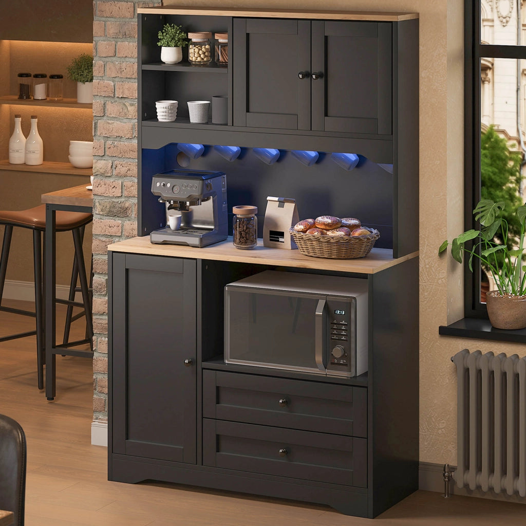 Credenza cucina nera 100×40×163 cm con LED, presa USB e vano microonde