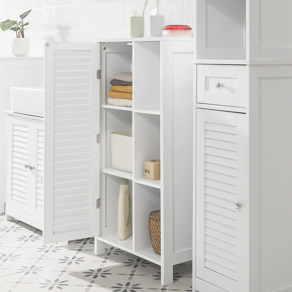 Mobiletto da Bagno – Armadio da Bagno Stretto con Porta Lamellata e 3 Ripiani Aperti, Mobile Salvaspazio, Resistente all'Umidità, Colonna per Cucina e Soggiorno, Bianco, 48x96x24cm, BZR39-W