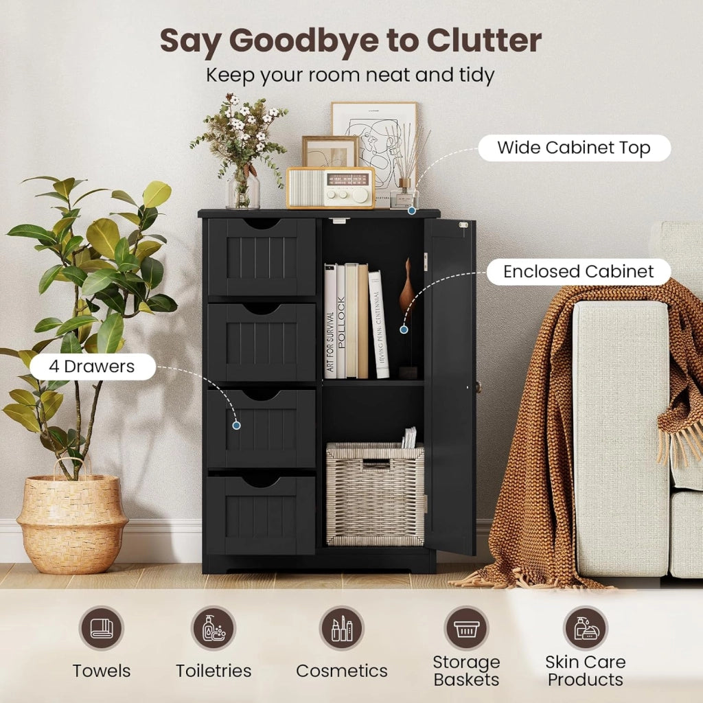 Armadietto portaoggetti da bagno con cassetti, organizer con 4 cassetti, ripiano regolabile, dispositivo anti-ribaltamento, console per ingresso, mobile da pavimento del bagno (nero)