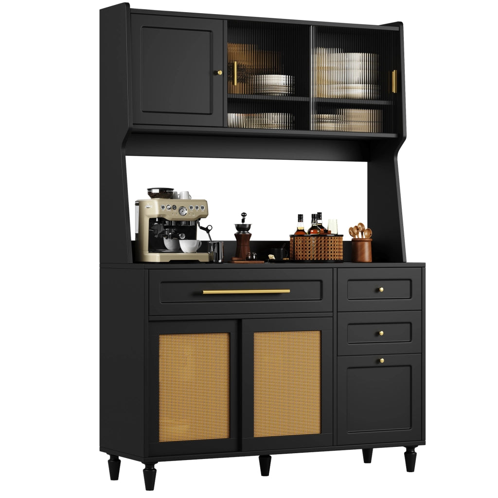 Credenza alta 120x45x195.5 cm con LED; 3 cassetti e ripiani regolabili in MDF e pannello truciolare nero