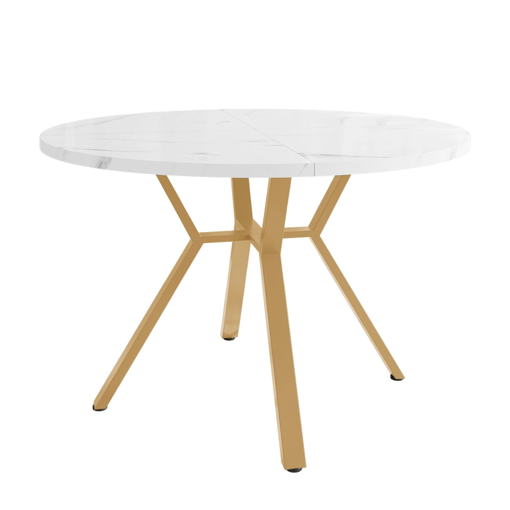 Tavolo da pranzo rotondo con piano effetto marmo, struttura in metallo dorato a X, per sala da pranzo, diametro 100 cm