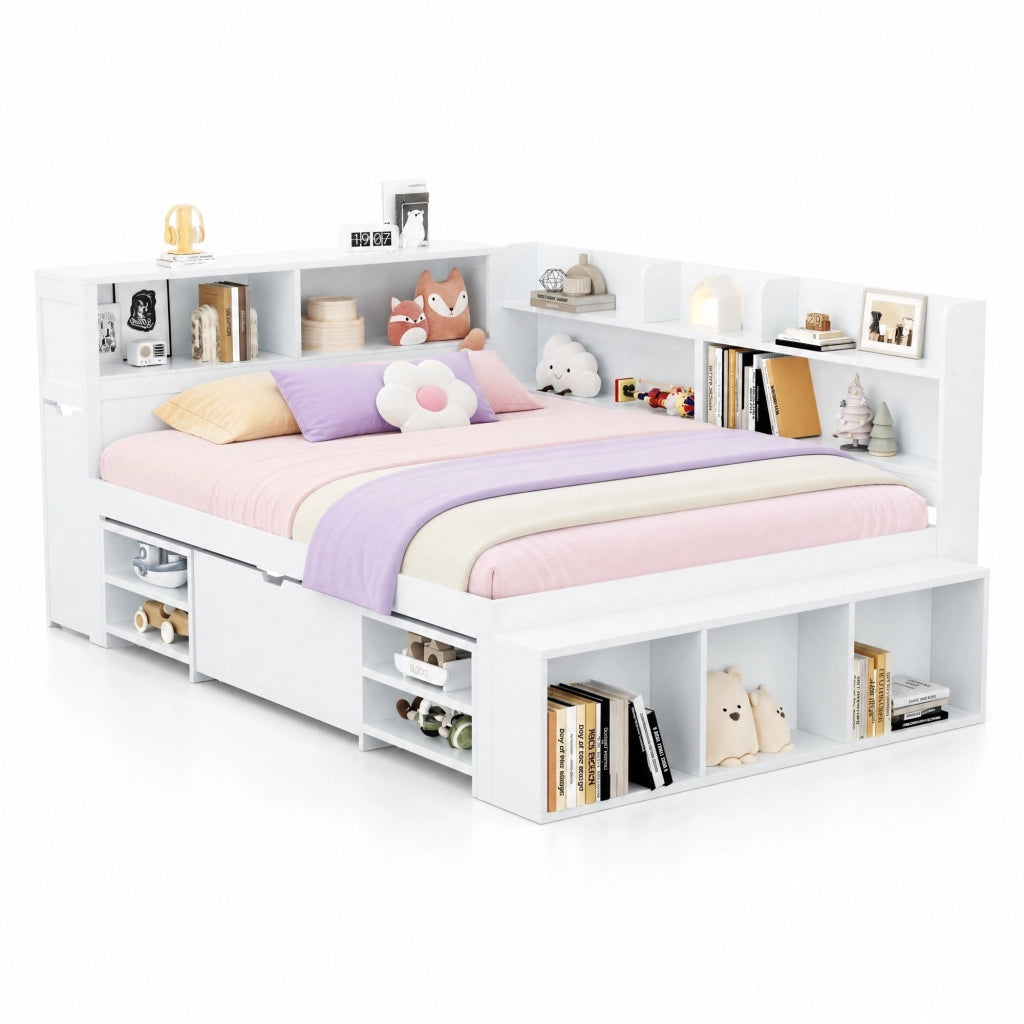 Letto per bambini 140x200 cm con cassetti, libreria e armadietti, rete a doghe, bianco