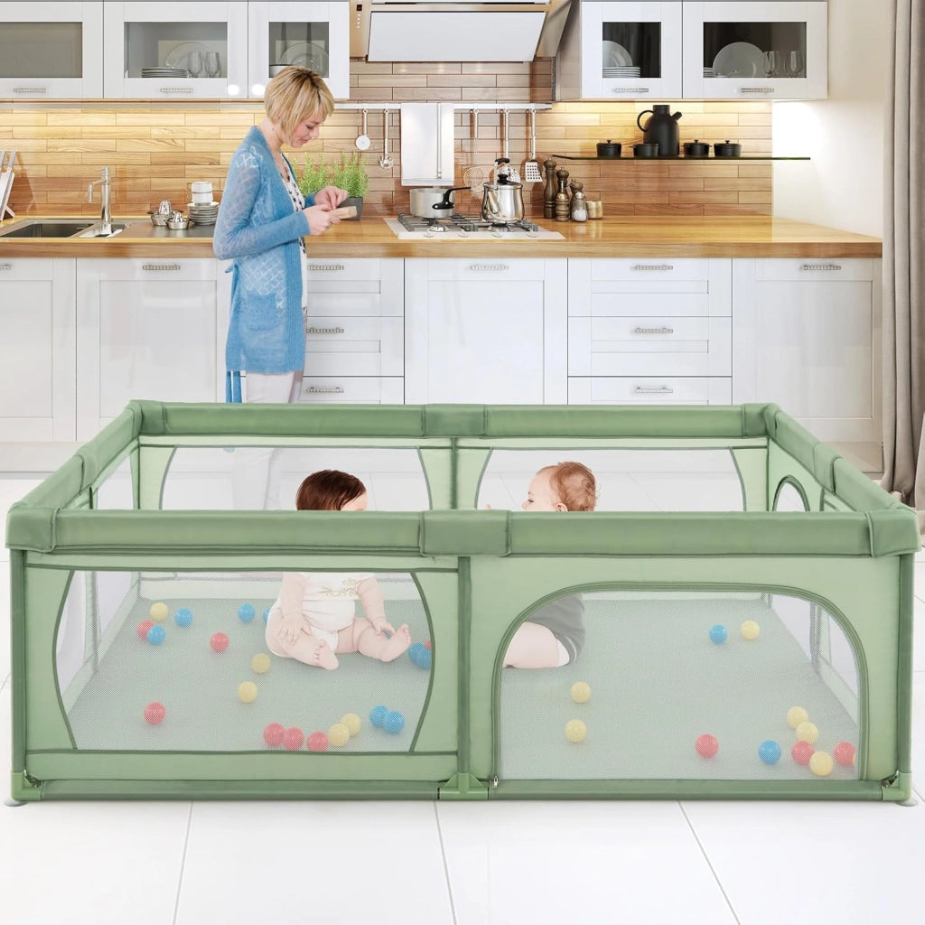 Recinto per Bambini, Box per Neonati con Rete Traspirante, Centro Attività con 50 Palline, Box Giochi per Bambini 0-3 Anni (Verde, 206 x 147 cm)