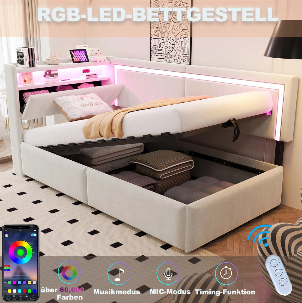 Divano letto imbottito 90x200 cm con LED, USB e contenitore