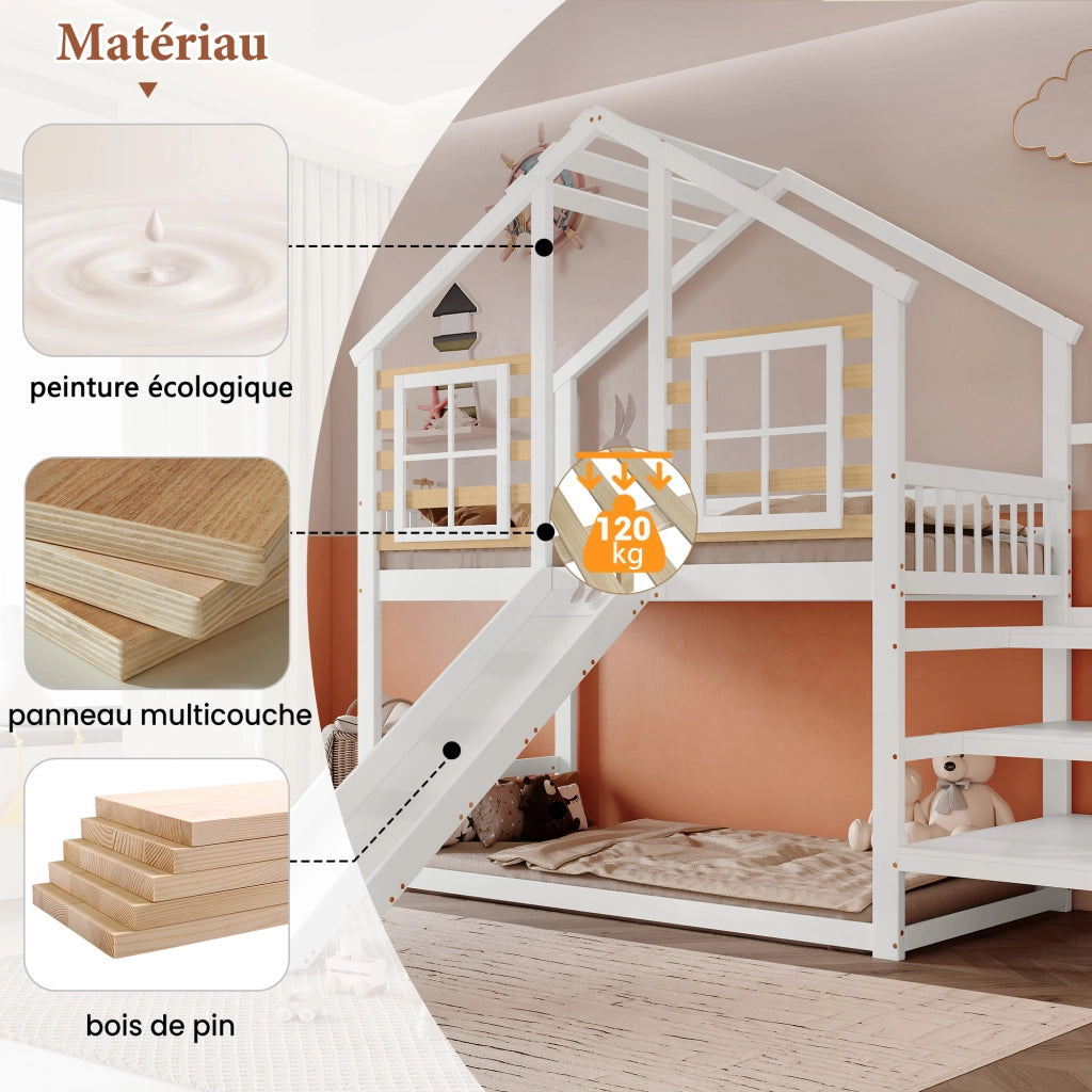 Letto a Castello 90x200 cm; Letto 2 Posti - Con Scala; Scivolo e Finestre - Bianco