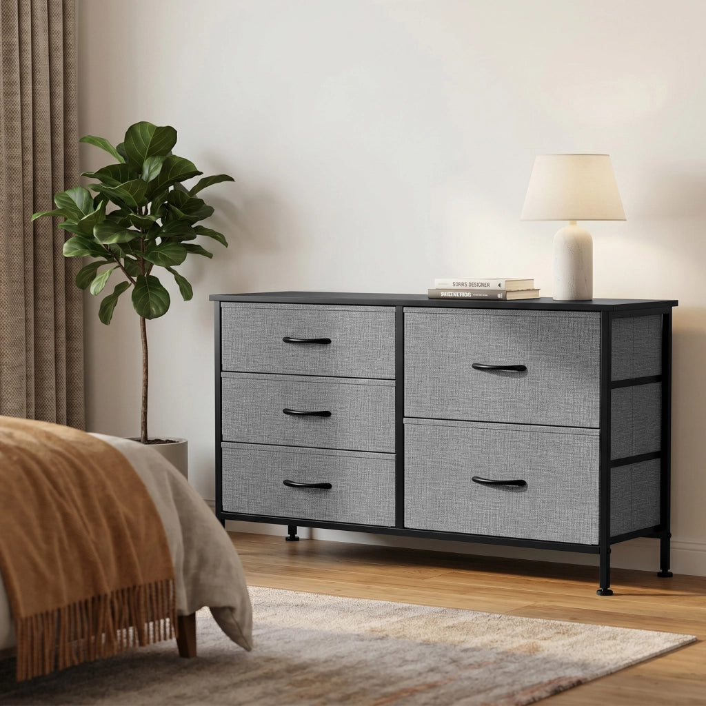 Cassettiera 5 Cassetti Tessuto Grigio Nero ¨C Zephmum ¨C Acciaio 60x40x138