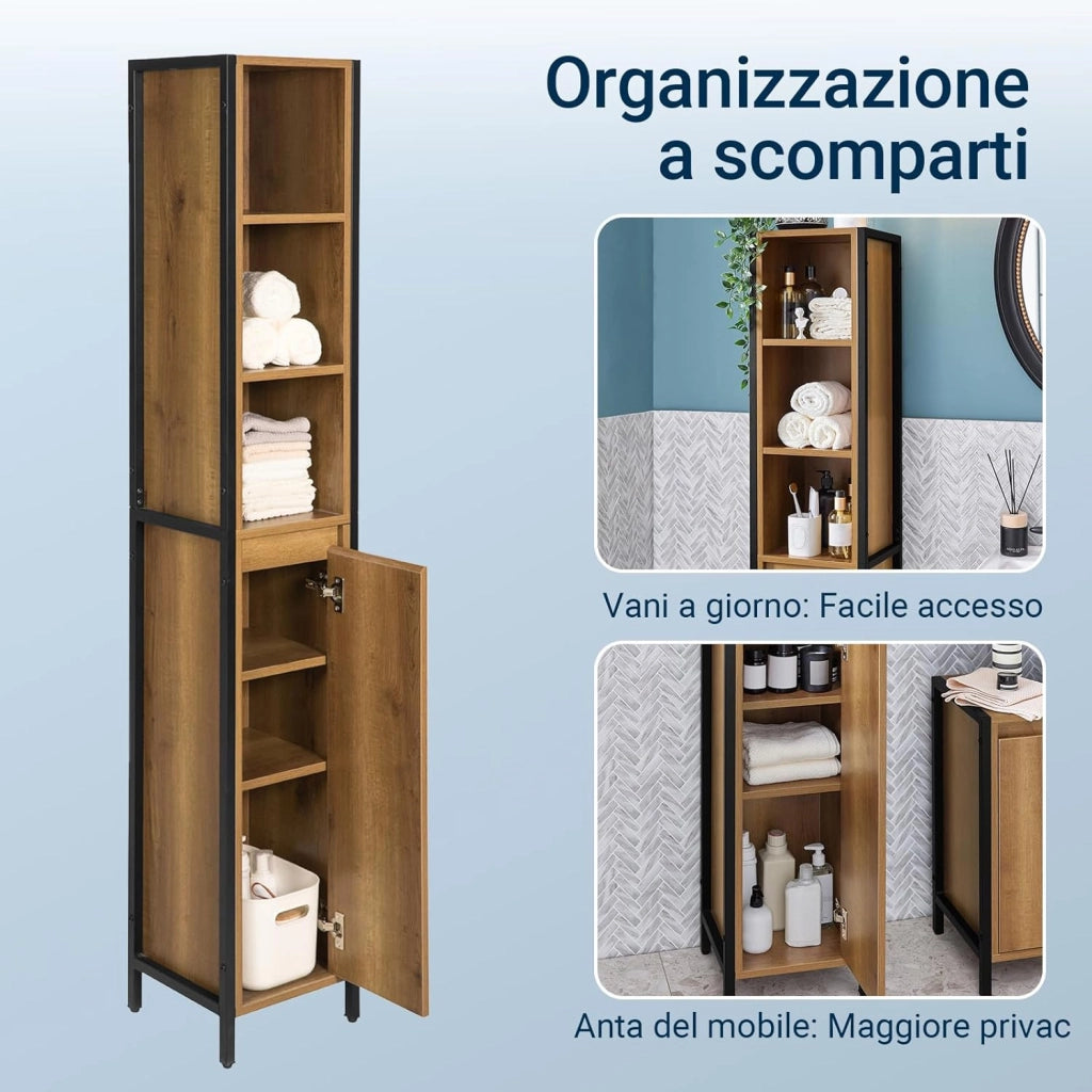 Colonna Bagno Alta e Stretta con 3 Ripiani Aperti e 1 Anta – Mobiletto Salvaspazio Vintage in Metallo e Legno 30x168x28cm BZR62-PF