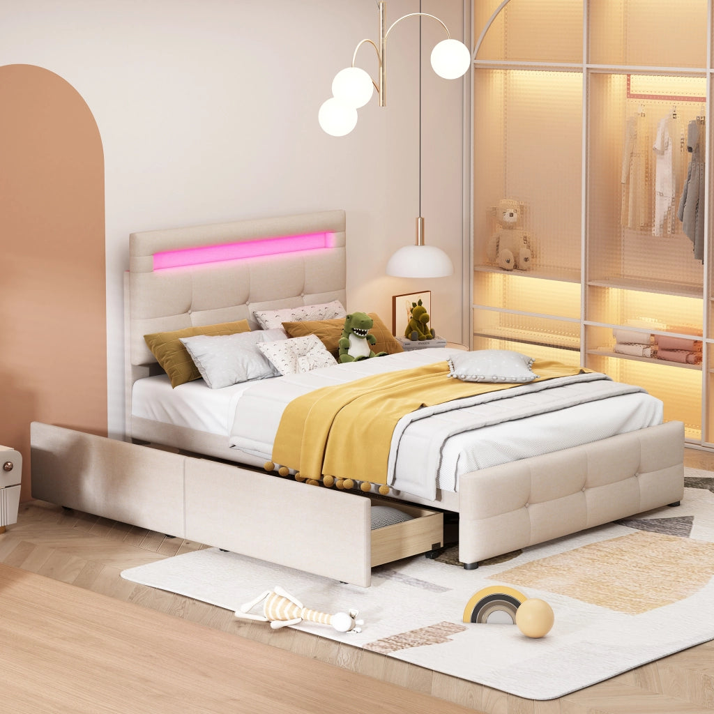 Letto singolo 90×200 cm con 2 cassetti; LED e rete; senza materasso; imbottito; beige