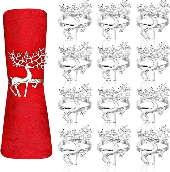 Set di 12 serviettini di renna per Natale, 6 cm, portaserviette in argento a forma di eland per Natale, pranzo, Thanksgiving, feste, vacanze, matrimoni, decorazione da tavola