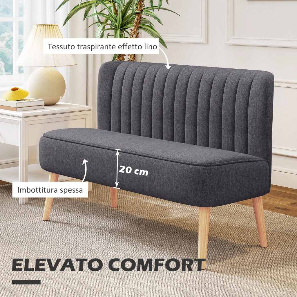 Divano 2 Posti 117x56,5x77 cm Senza Braccioli con Gambe in Legno in Tessuto Effetto Lino Grigio Scuro