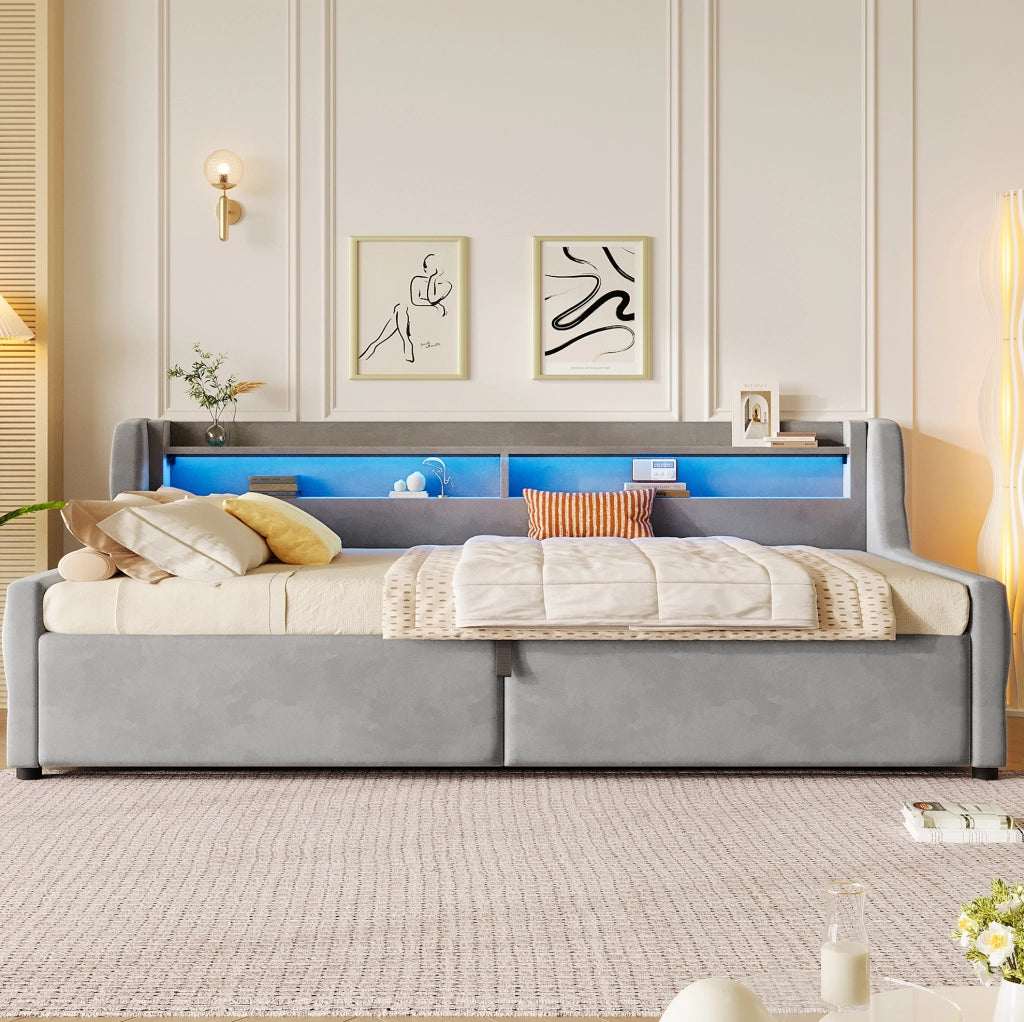 Letto 90x200 cm con contenitore e LED in flanella grigio