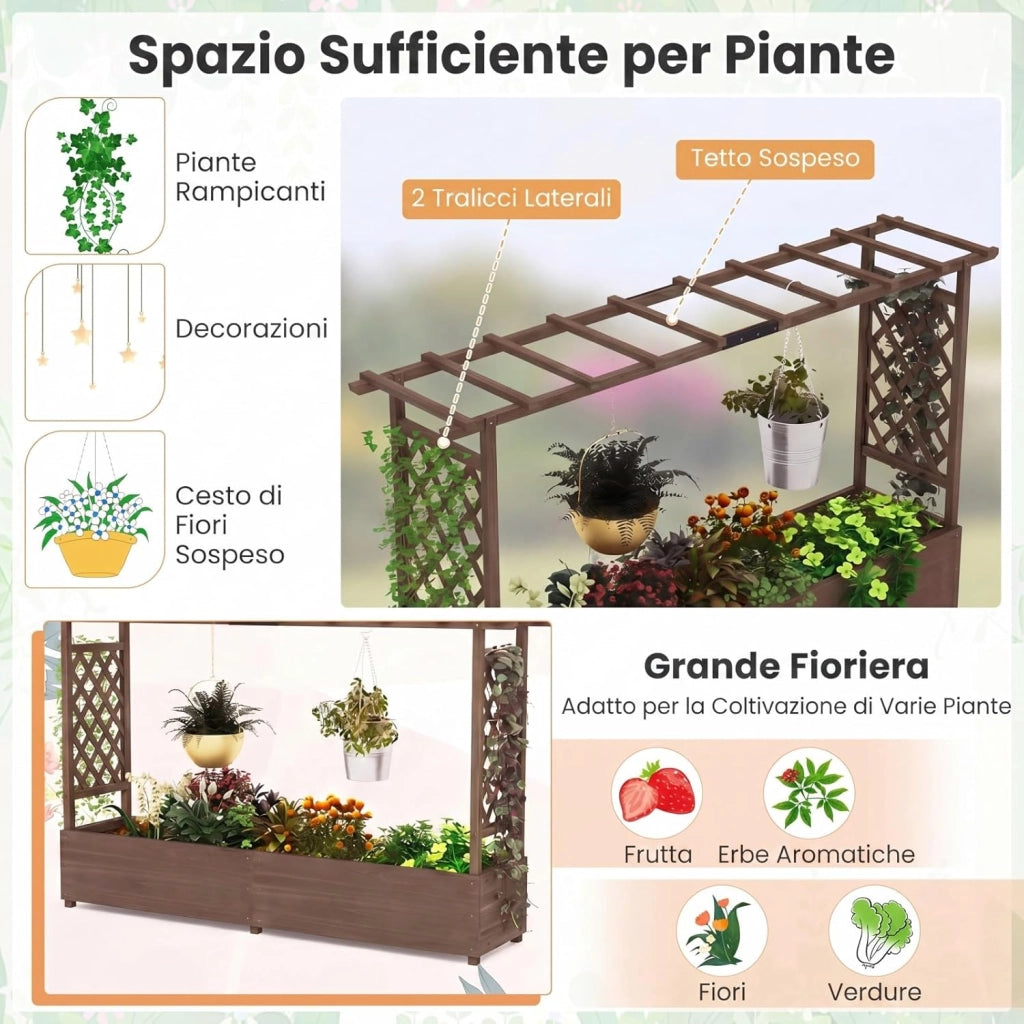 Fioriera Rialzata con Grigliato, Aiuola Rialzata con Traliccio per Piante Rampicanti e Fori di Drenaggio, Orto Elevato da Giardino, Terrazzo e Cortile (Marrone,200 x 44 x 114 cm)