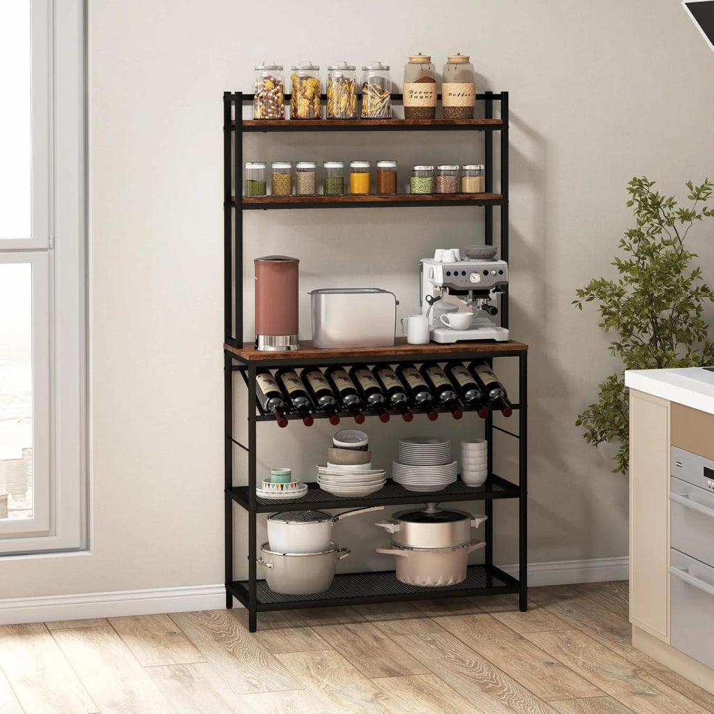 Scaffale portaoggetti industriale a 6 livelli, mobile da cucina con porta bottiglia di vino, dispositivo anti-ribaltamento, supporto per microonde per soggiorno, cucina, sala da pranzo