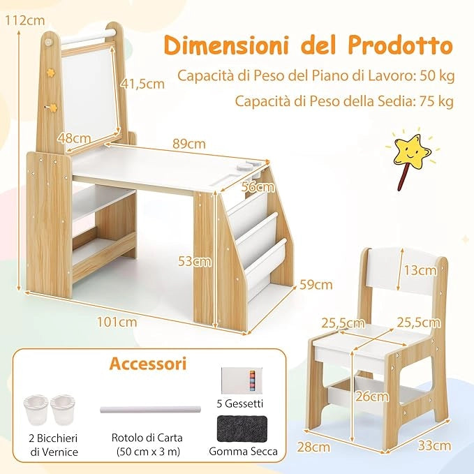 Set Tavolo e Sedia per Bambini, Tavolo in Materiale Sicuro con Lavagna e Sedia, Lavagna Bianca, Rotolo di Carta, 2 Ripiani Aperti e Libreria a 2 Ripiani, Ideale per Disegno (Naturale)
