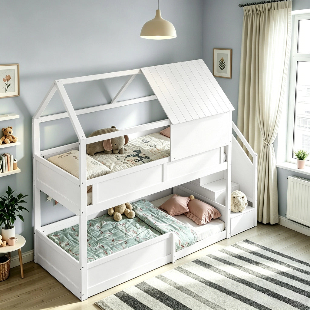 Letto a castello per bambini 80 × 200 cm con tetto, scala laterale et barriere di sicurezza, senza materasso, bianco
