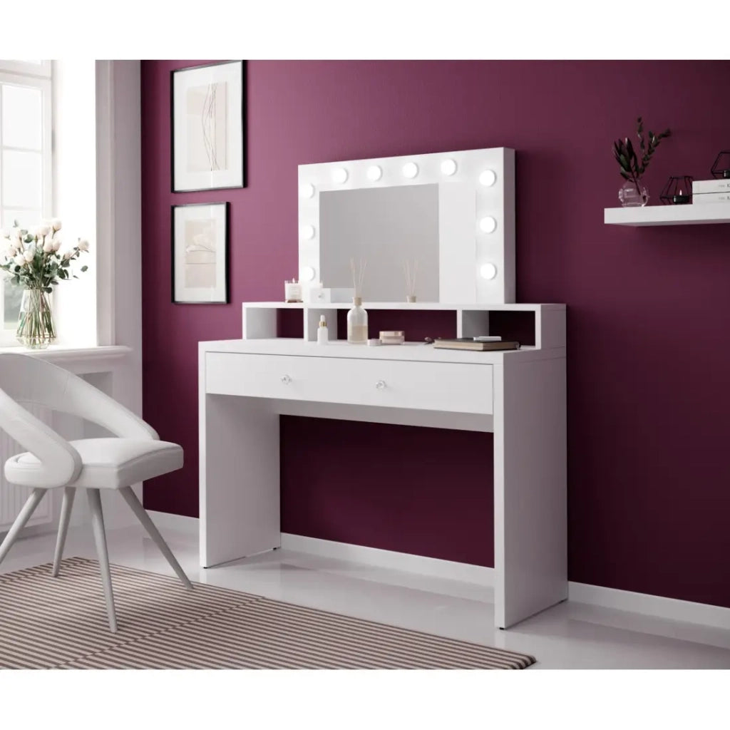Toilettino SENSA bianco – Con specchio, cassetto, scaffale e LED – Design minimalista e funzionale