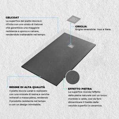 Piatto doccia resina 70x170 antracite pietra filo pavimento slim   Loren