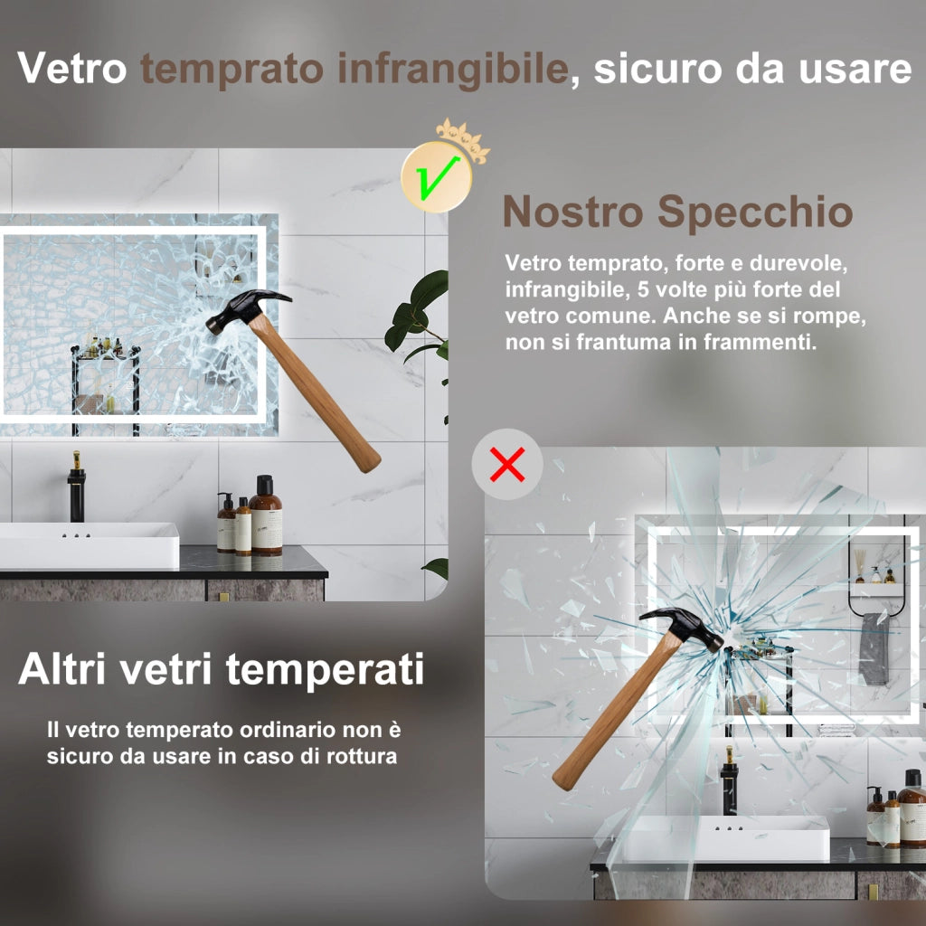 AICA Specchio da bagno  80 x 60 cm, dimmerabile, interruttore touch, Funzione Memoria, antiappannamento