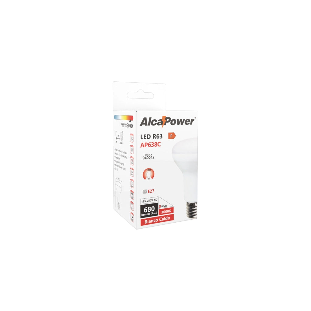 Alcapower Lampada LED Fungo R63 E27 8W 680lm 3000K Luce Calda, Tensione 175-250V, Angolo 100°, Classe Energetica F, Durata 25000 Ore di Vita