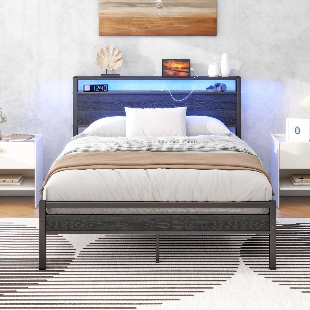 LETTO 120x200 cm in metallo e MDF nero con USB, presa e testiera con vani