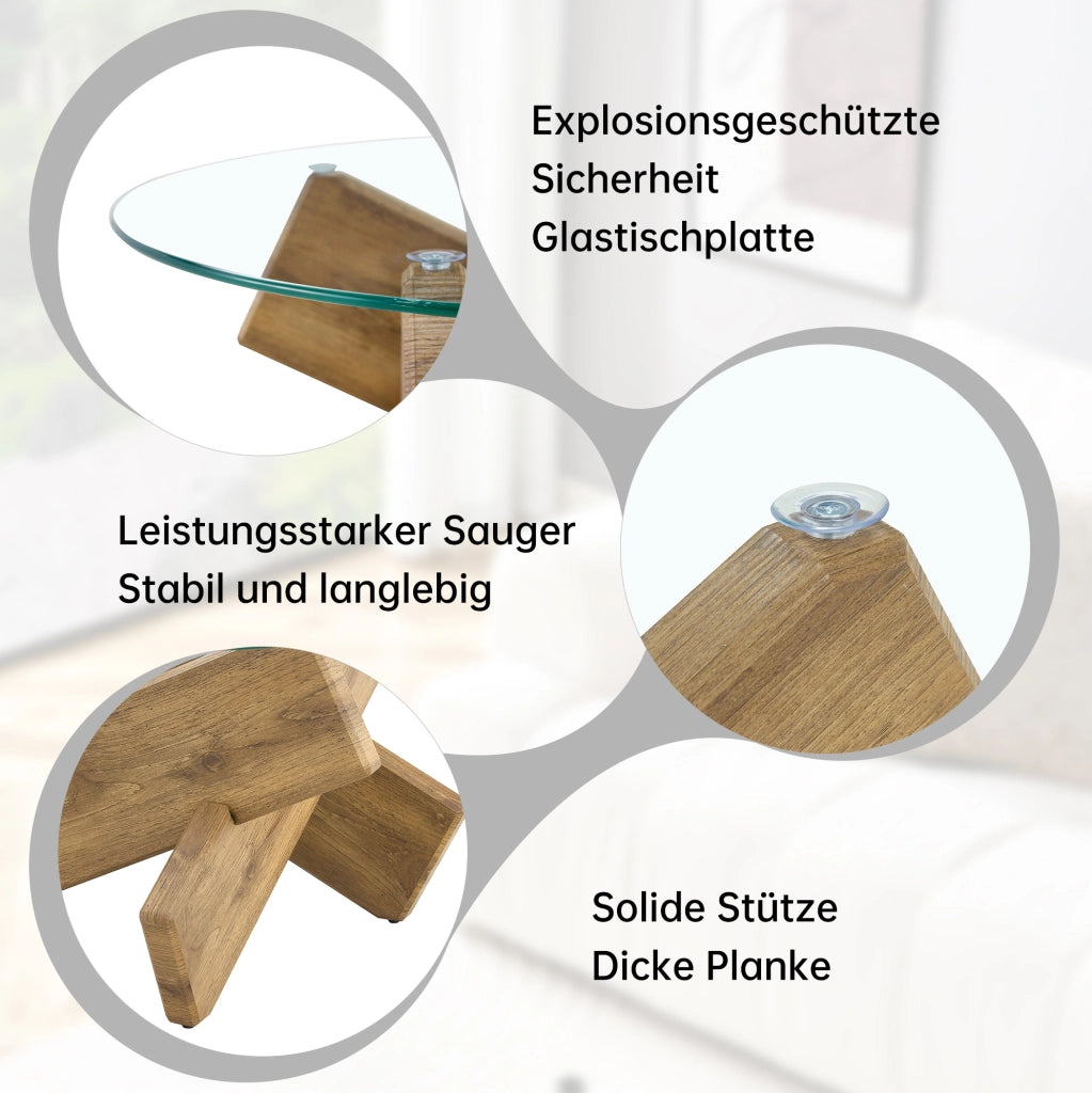 Tavolino da caffè rotondo 79 cm in MDF e vetro trasparente; struttura a croce; colore legno