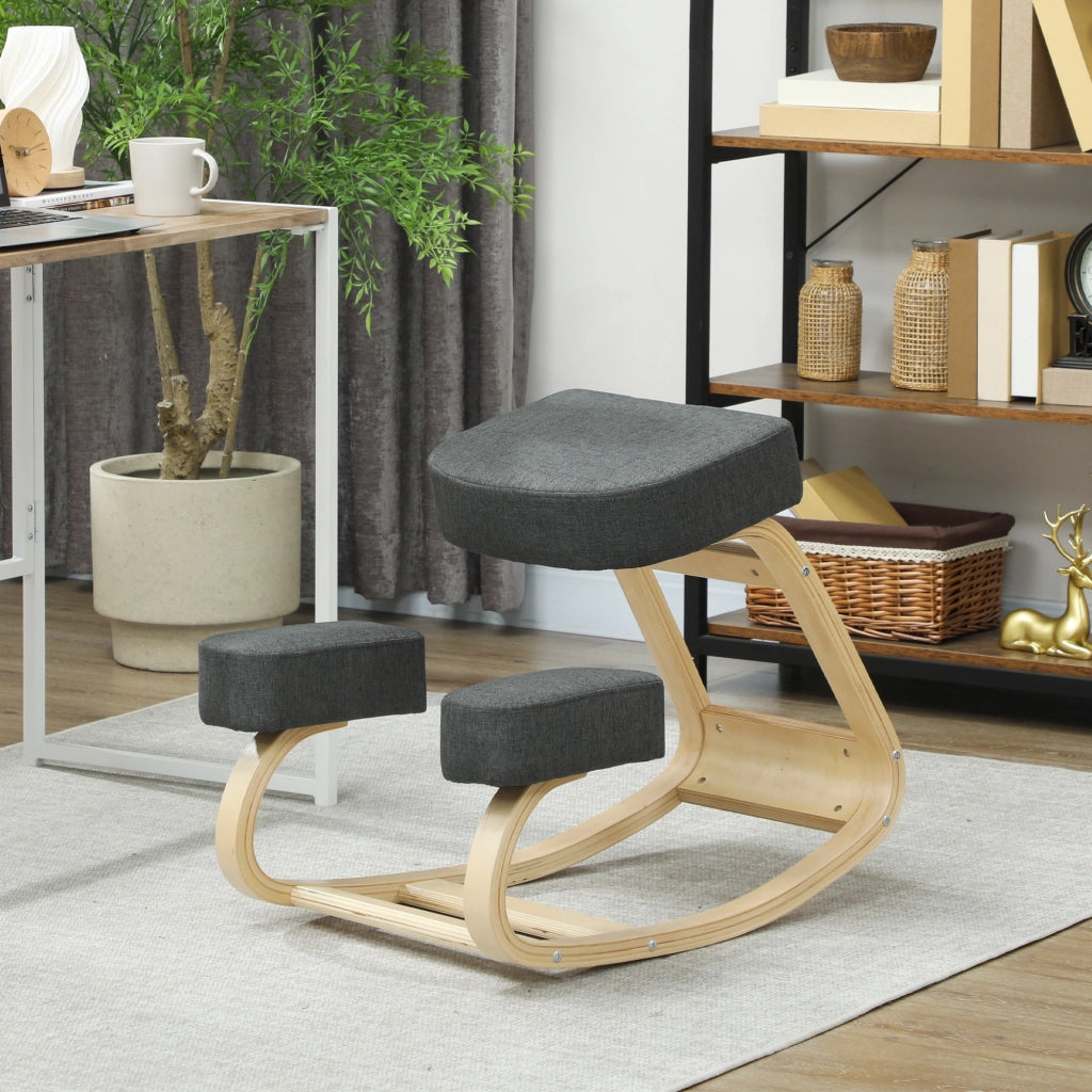 Sedia Ergonomica con Inginocchiatoio in Legno di Betulla e Cuscino, 51x69x58 cm, Grigio