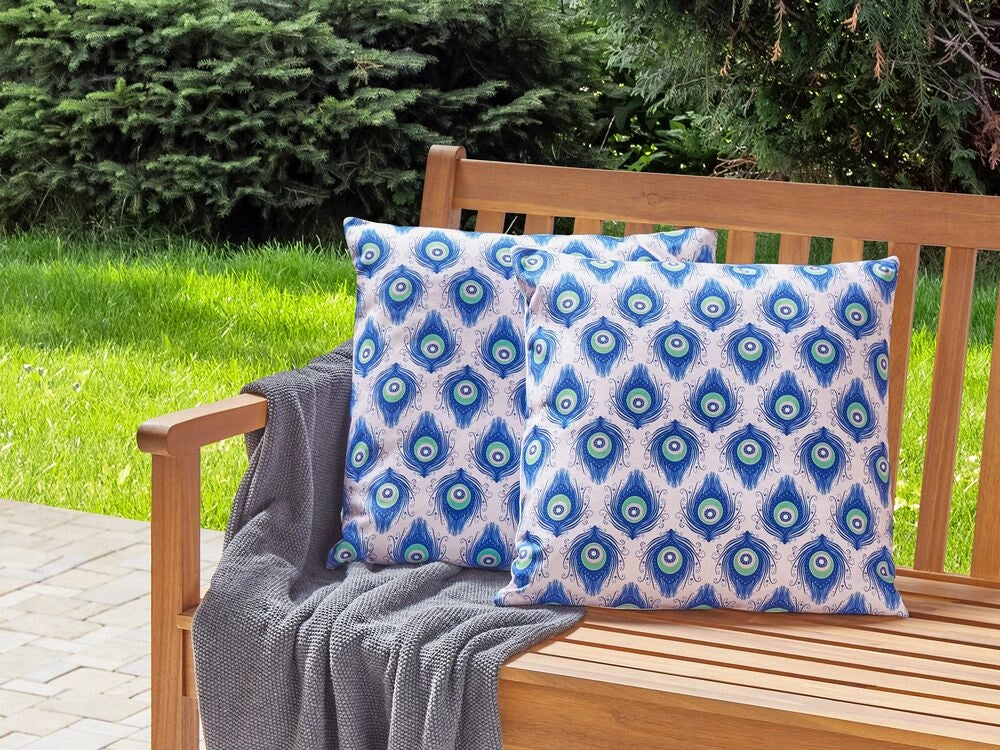 Set di 2 cuscini da giardino in tessuto di poliestere blu e rosa con motivo a pavone 45 x 45 cm esterno giardino elegante rettangolare