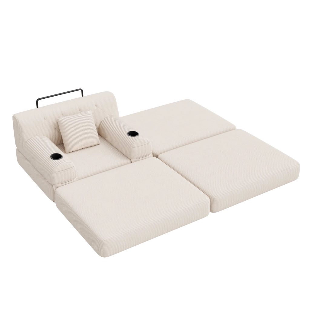 Poltrona letto 1 posto - con funzione letto e tasche laterali - in tessuto a coste beige