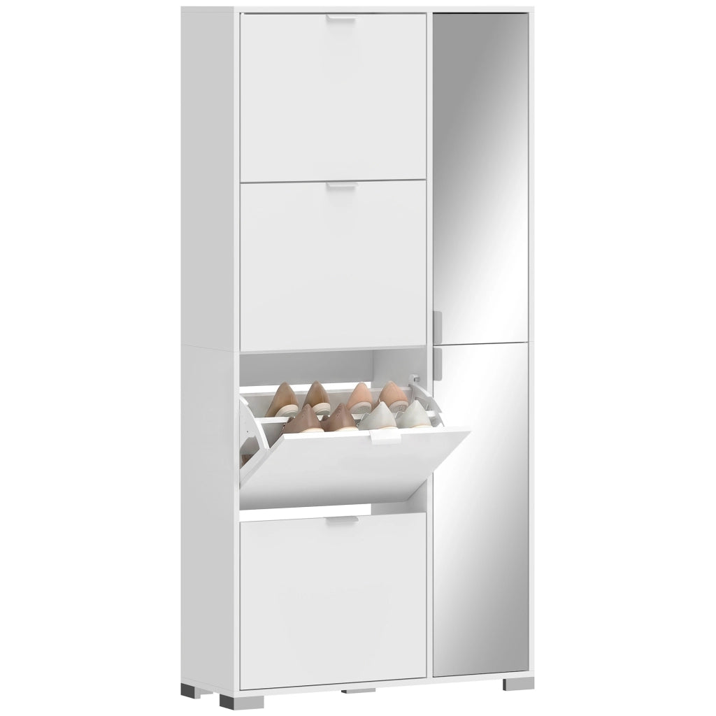 Scarpiera alta bianca 82×30×168 cm con specchio, 4 cassetti ribaltabili e armadietto laterale, mobile multiuso salvaspazio per ingresso casa