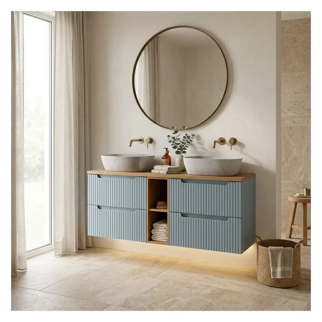Set sospeso VANO blu denim e quercia chiara 140cm: mobile sotto lavabo con cassetti e nicchie visibili + piano per lavabo