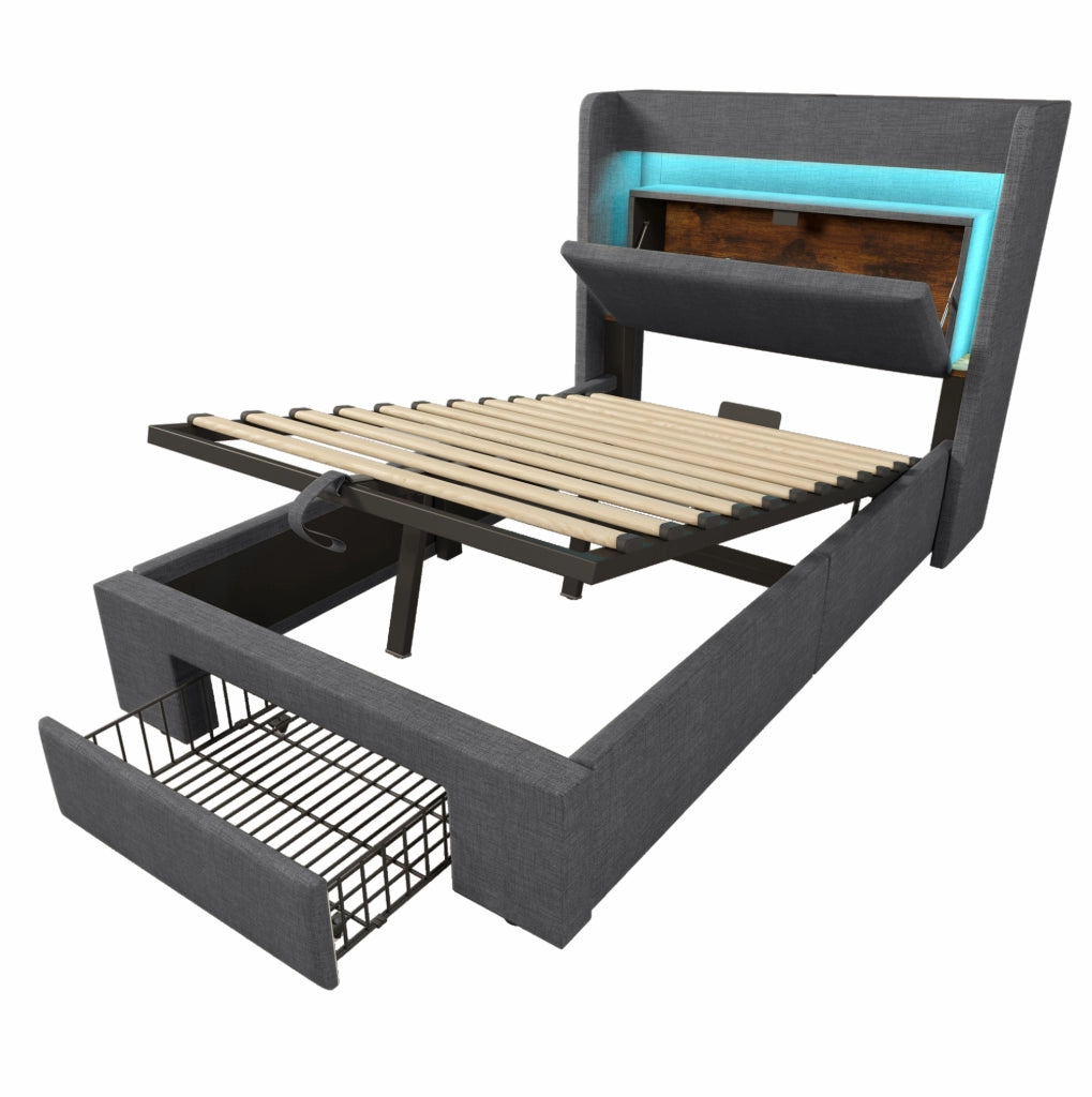 Letto imbottito 90x200 cm con contenitore idraulico; LED; USB e USB-C; grigio in lino