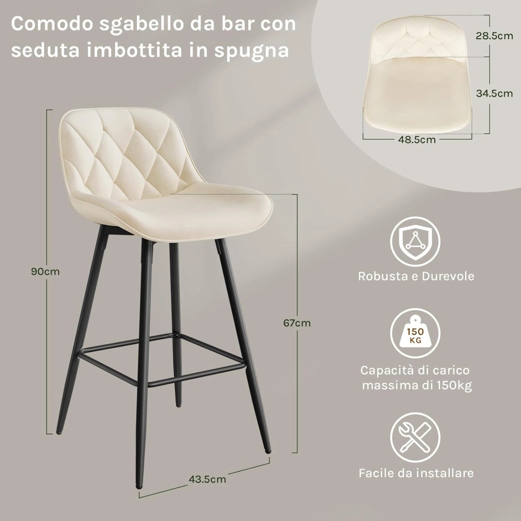 Sgabelli cucina, Sgabelli Bar con Schienale Sedia da Cucina con Poggiapiedi Sgabello Alto Imbottito Sedia in Velluto con Gambe in Metallo per Bistrot Pub Sala da Pranzo, Crema