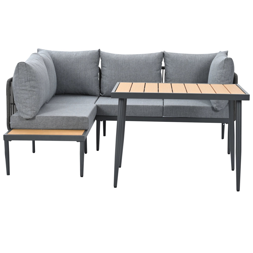 Set da Giardino Angolare con Tavolo ¨C MINIMAL ¨C Polyrattan Grigio, Acciaio Zincato