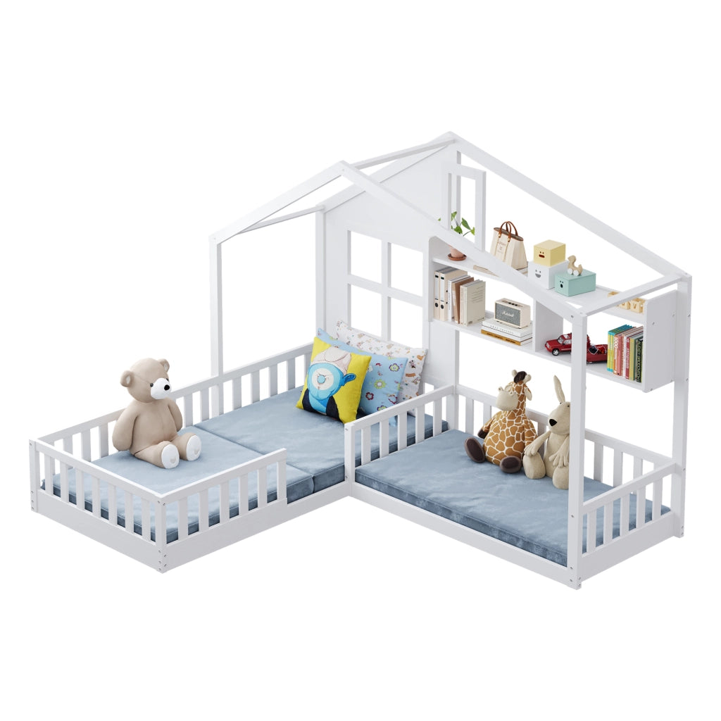 Letto per bambini a forma di casetta 90x200 cm con LED, scaffali e spondine di sicurezza, bianco