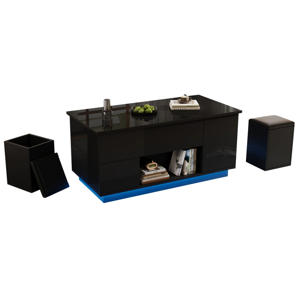 Tavolino da caffè 100x50 cm con altezza regolabile; LED; 2 cassetti e 2 sgabelli; nero
