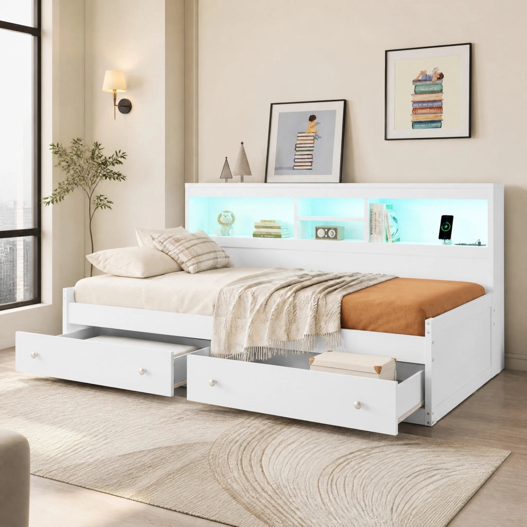 LETTO Daybed 90x200 cm con 2 cassetti, USB e LED Bianco