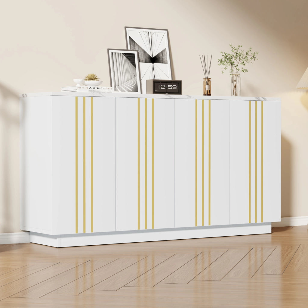 Credenza 35x140x70 cm con 4 ante e ampio spazio contenitivo in truciolato bianco e oro