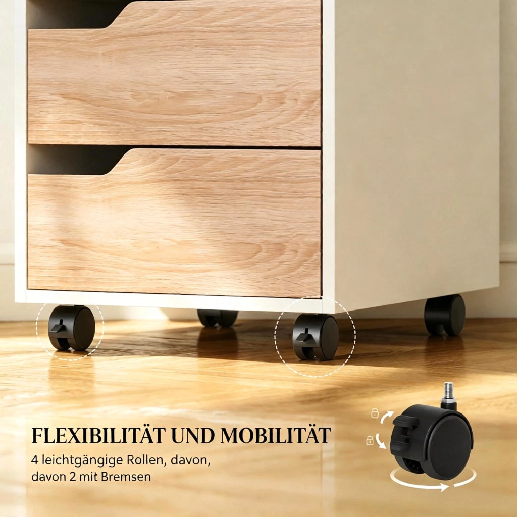 CASSETTIERA con ruote 40x50x57,5 cm in MDF bianco e rovere con 3 cassetti