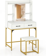 Specchio Rettangolare da Trucco, Tavolo da Trucco con Sgabello, Cassetti, Scaffali Aperti, Scomparto Nascosto, Stazione di Ricarica, Tavolo da Trucco Moderno per Camera da Letto (Bianco)
