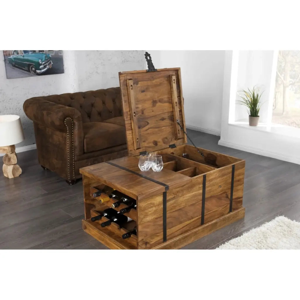 Tavolino da salotto baule TRESORO 100 cm in legno massello di Sheesham con porta bottiglie