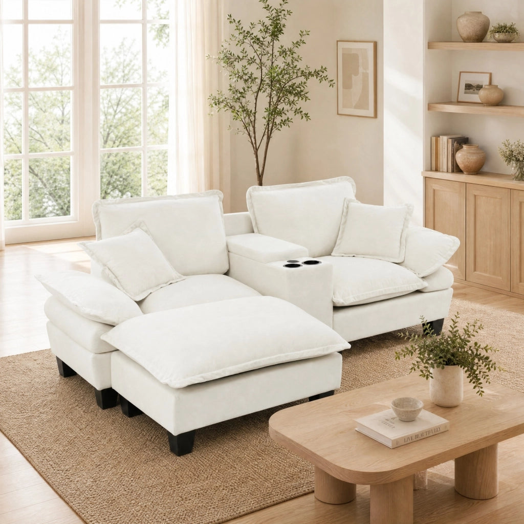 Divano modulare angolare con contenitore; porta bicchieri e USB; in chenille beige