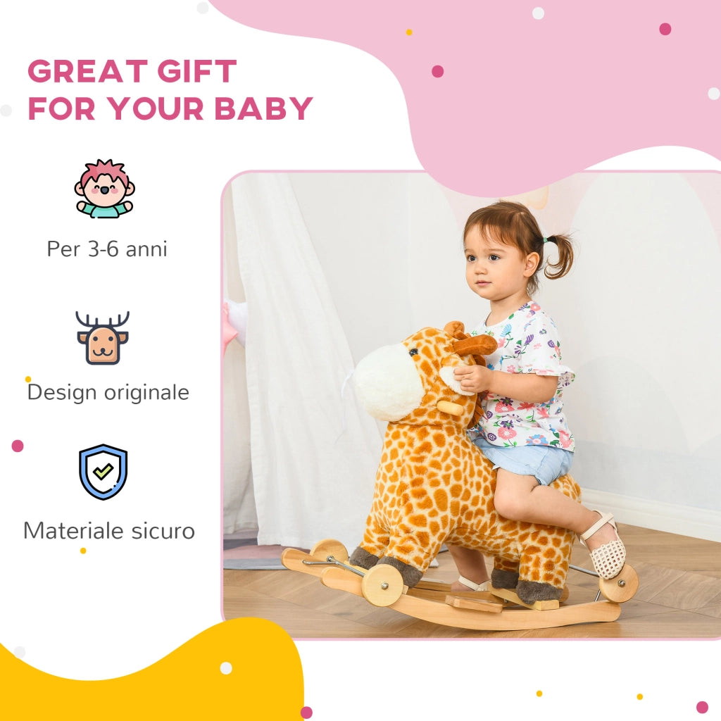 Cavallo a Dondolo Giraffa con Ruote e Suoni ¨C zephmum ¨C Giallo Legno 63x38x63cm