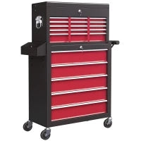 Carrello degli Attrezzi, Diviso in Due Parti, con Serratura, 14 Cassetti, Pannello Forato, Acciaio, Rosso