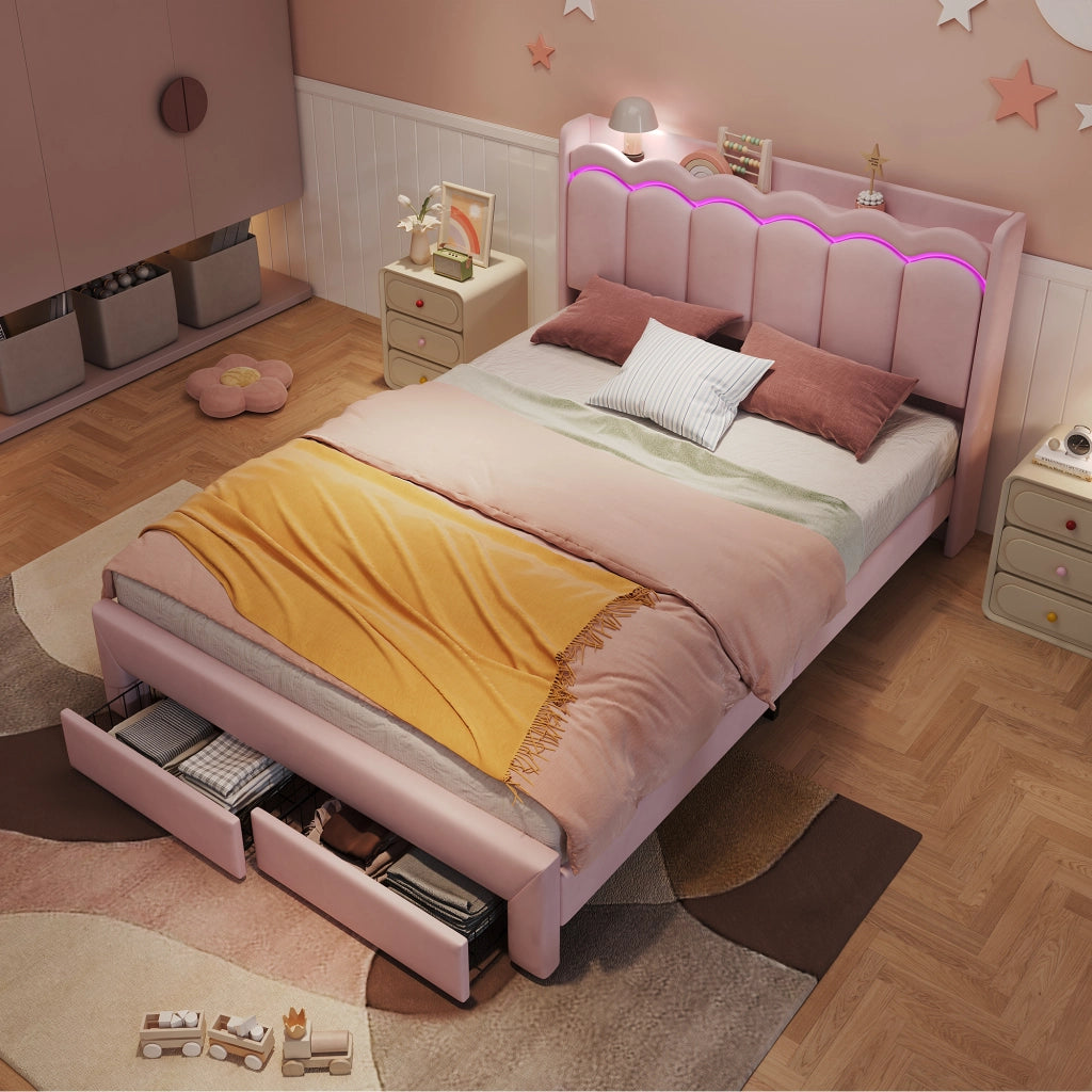 Letto imbottito per bambini 140 ¡Á 200 cm in velluto rosa con 2 cassetti e LED controllata tramite app