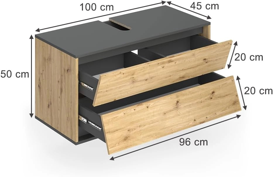 Mobile sottolavabo per bagno Edelin, Antracite/Artisan, 100 x 50 cm con 2 cassetti, per montaggio a parete e compatibile con sifoni standard